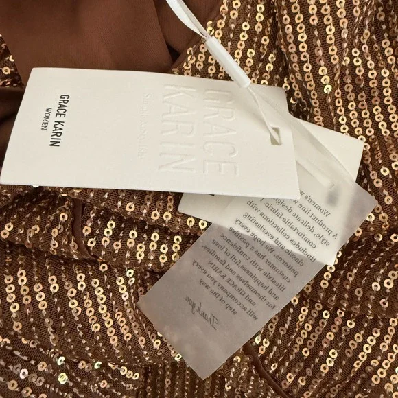 Grace Karin Sequin Top Women Medium Brown Glitter V-Neck 3/4 Sleeve Party Blouse - Picture 8 of 12